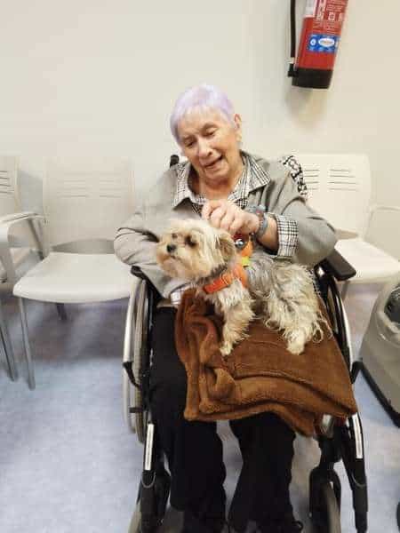 Residente acaricia a un perro de terapia