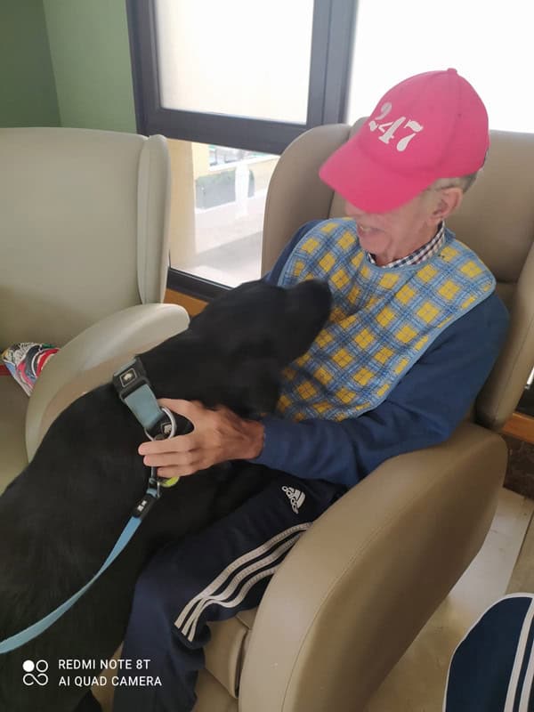 Uno de nuestros residentes acaricia a un perrito
