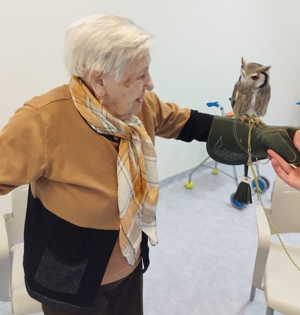 Residente mira al buho mientras sonríe