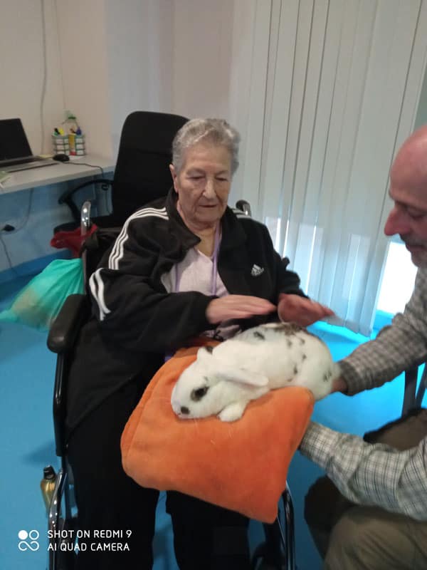 Una residente interactúa con un conejito durante la sesión de terapia con animales