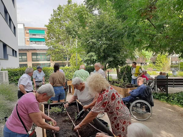 Residentes y familiares trabajan juntos en el huerto