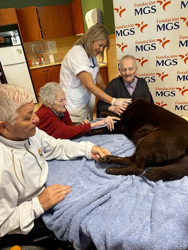Las auxiliaren ayudan a los residentes a acariciar a los perritos