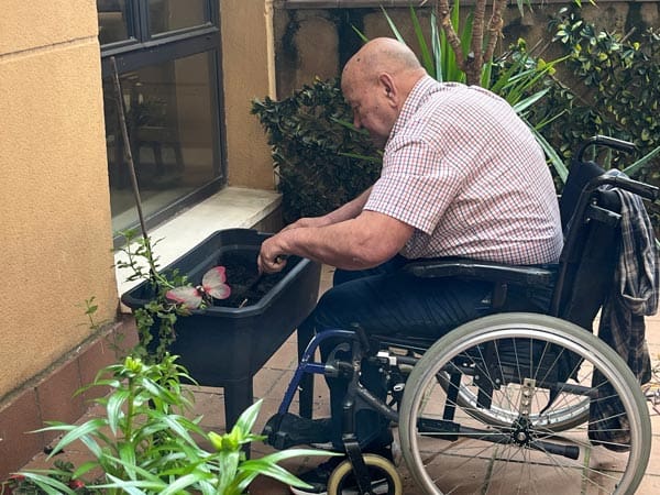 Un residente arregla una jardinera del huerto