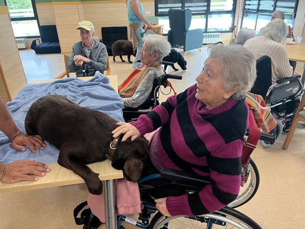 Otra residente feliz en la sesión de terapia con animales